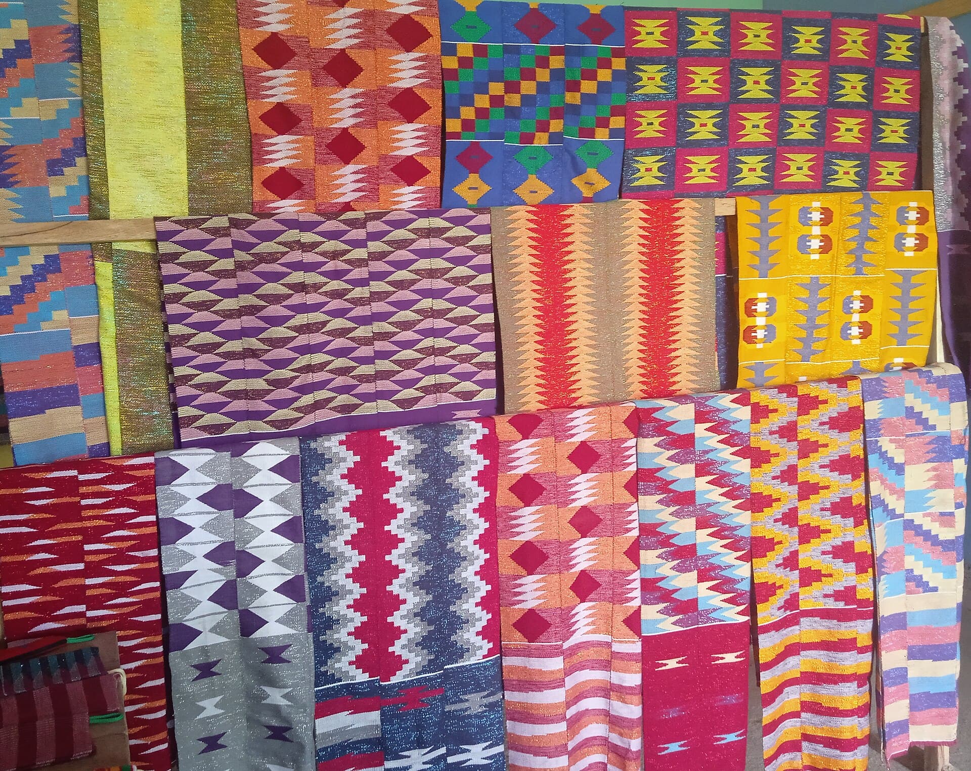 Colourful hand-woven kente cloth from the Volta Region of Ghana