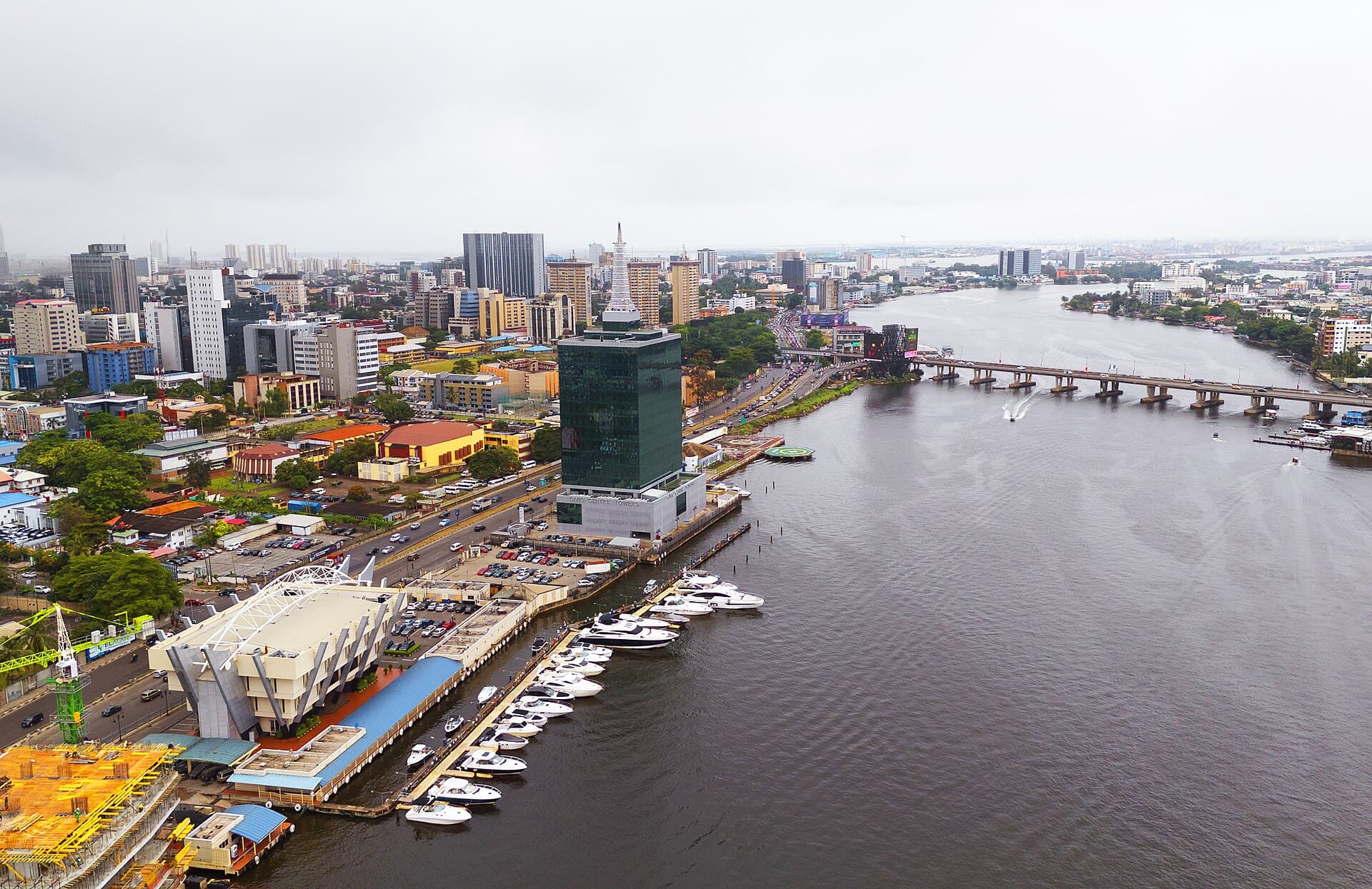 Aerial view of Victoria Island, Lagos, with towers and a yacht harbour